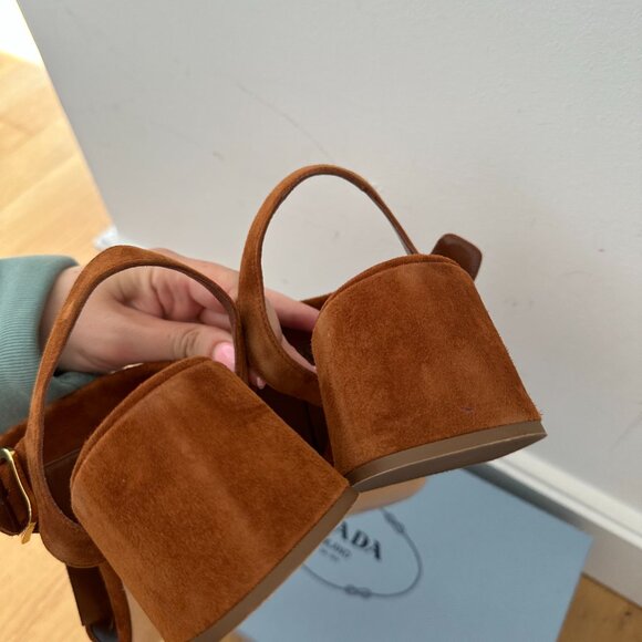 Prada Fringe Slingback Sandals Brown Suede Leather Chunky Block Heels Size 39 - Picture 9 of 13